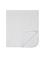White blanket with a brand logo on a white background