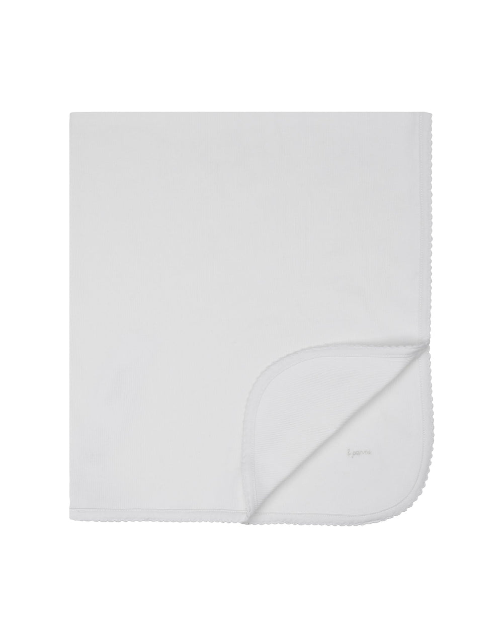 White blanket with a brand logo on a white background