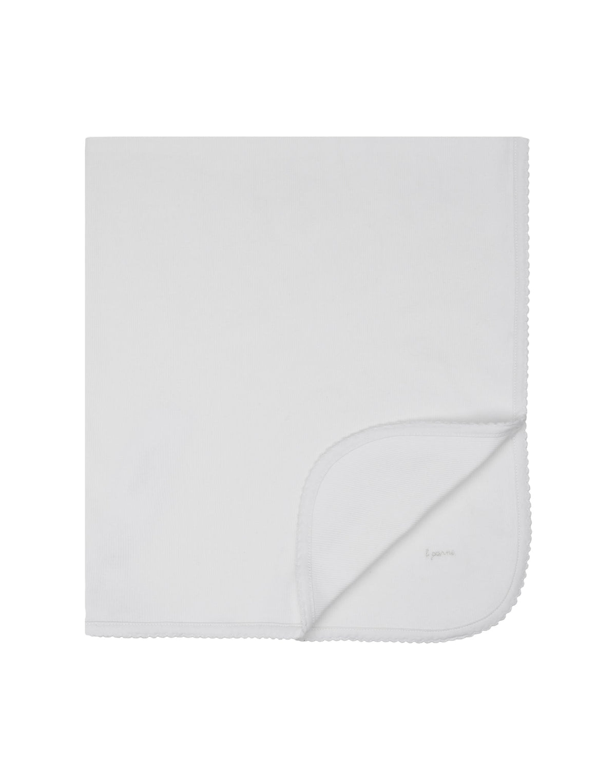 White blanket with a brand logo on a white background