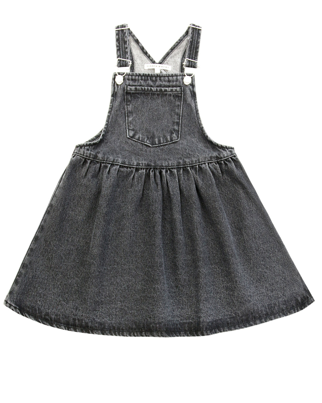 Black denim pinafore dress on a white background.