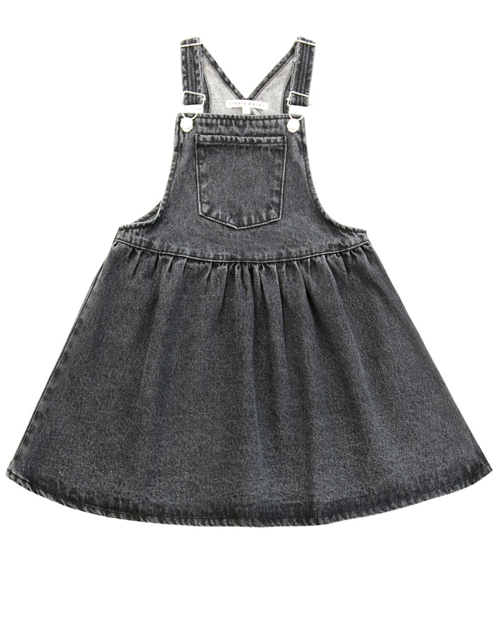 Black denim pinafore dress on a white background.