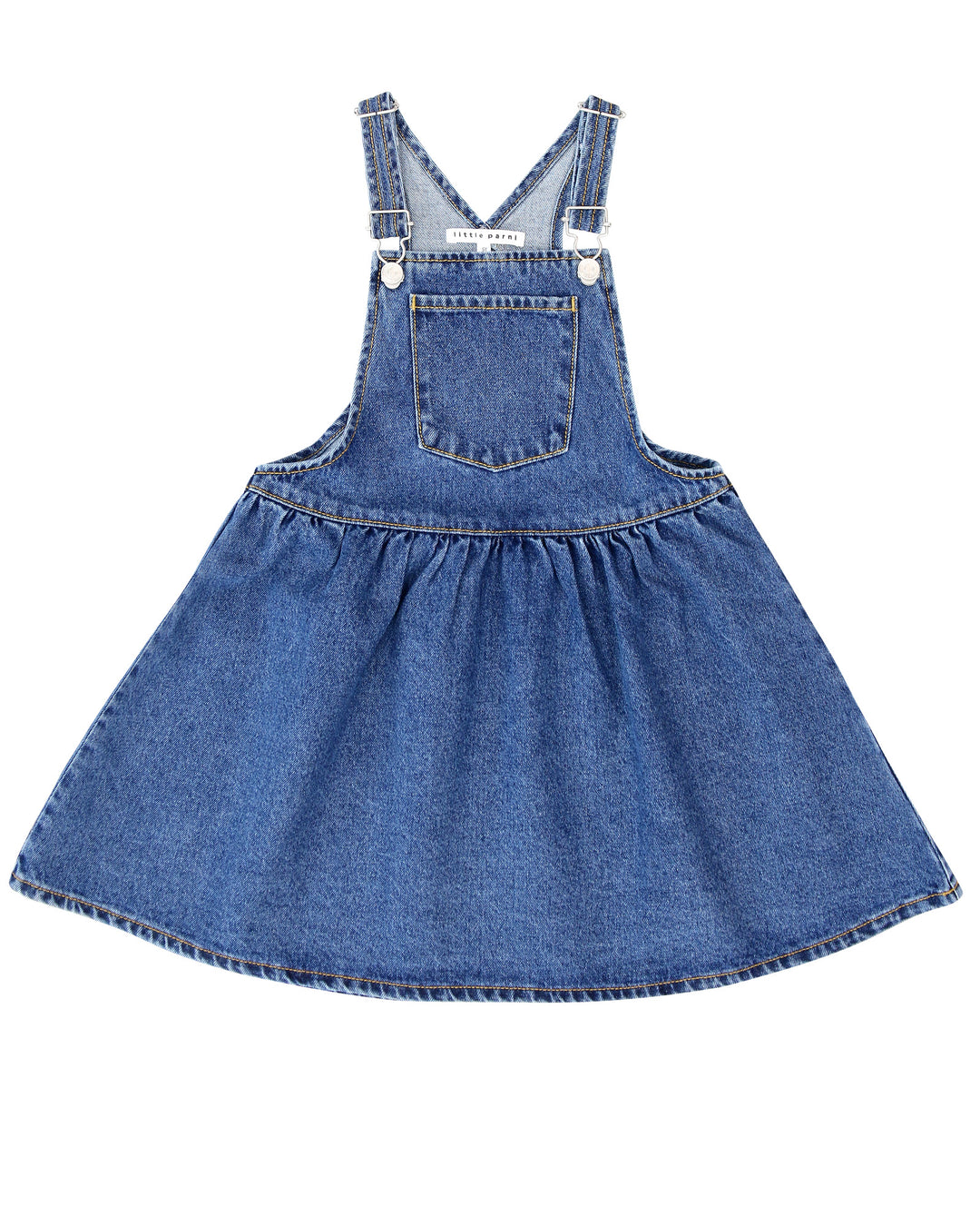 Blue denim dress with straps on a white background.