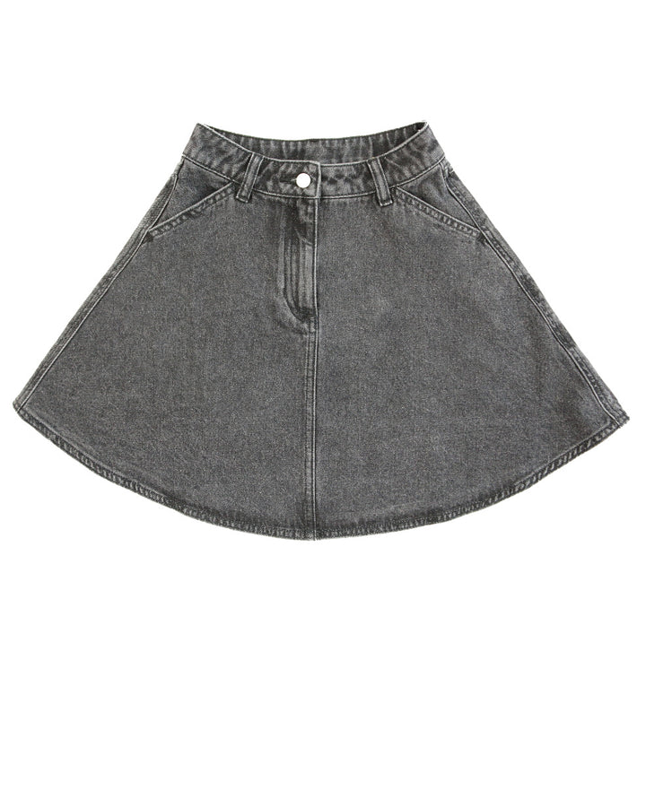 Black denim skirt on a white background.