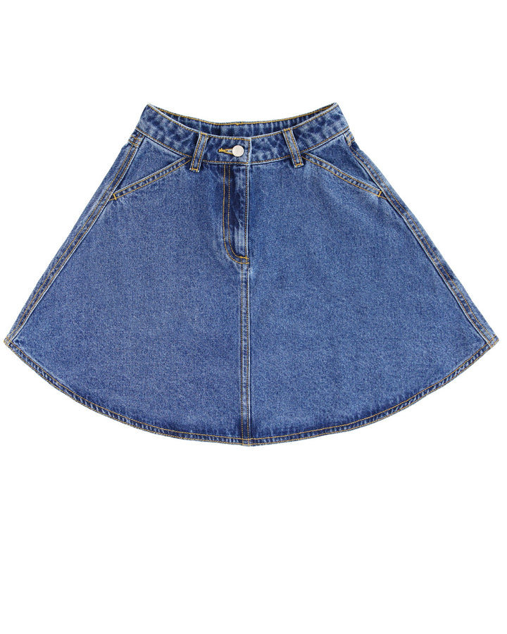 Blue denim skirt on a white background.