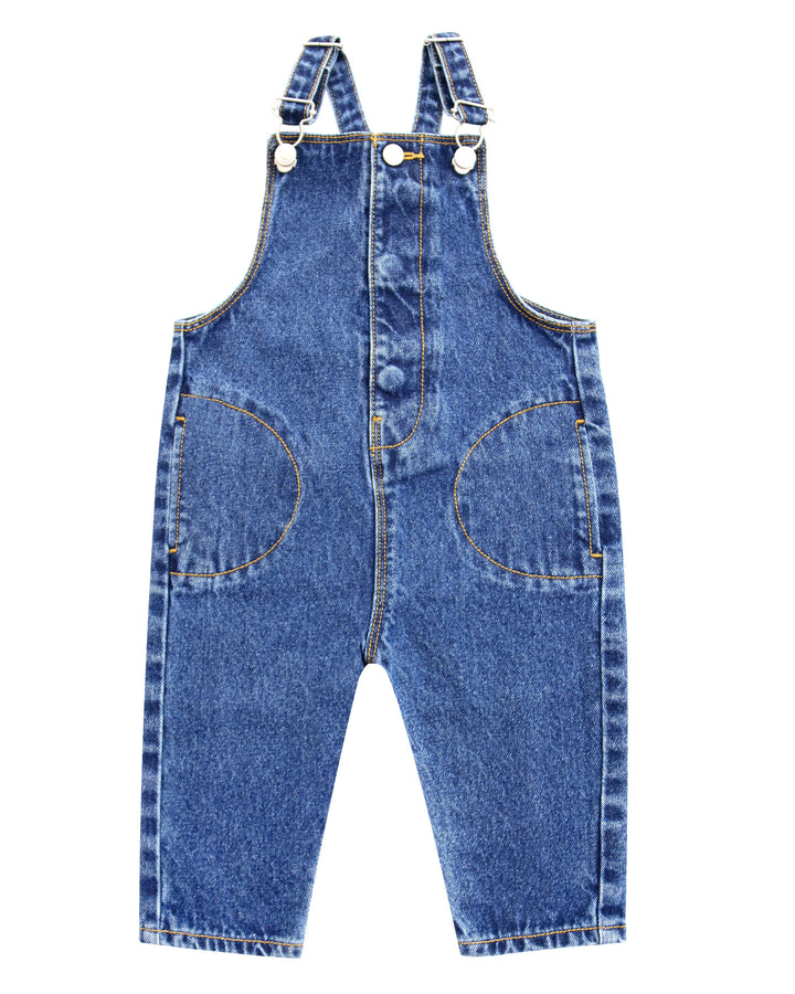 Blue denim overalls on a white background.