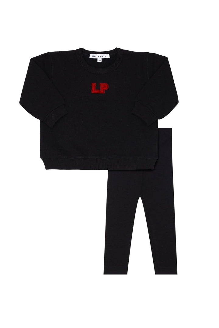 Black sweatshirt and pants set with a red logo on a white background