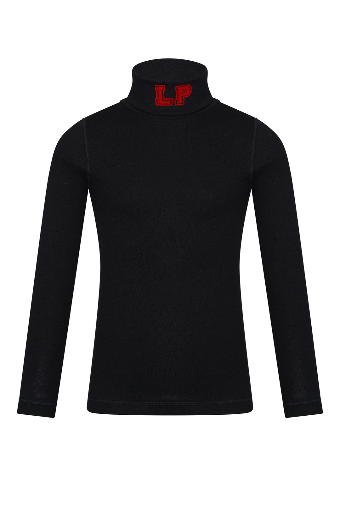 Black turtleneck shirt with red logo on a white background