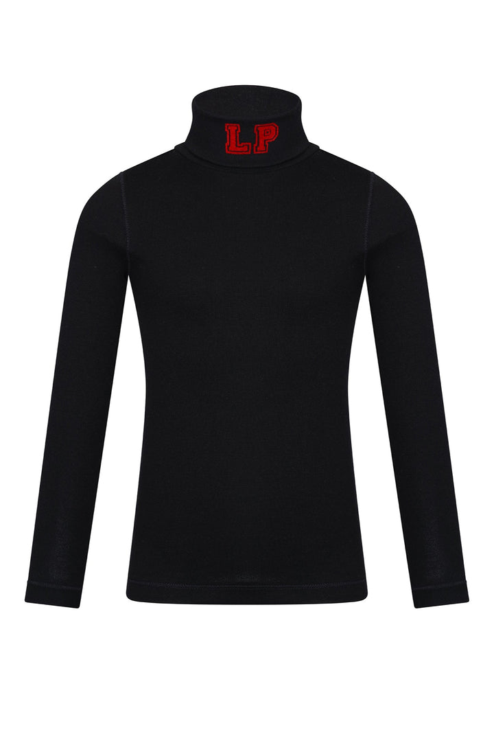 Black turtleneck shirt with red logo on a white background