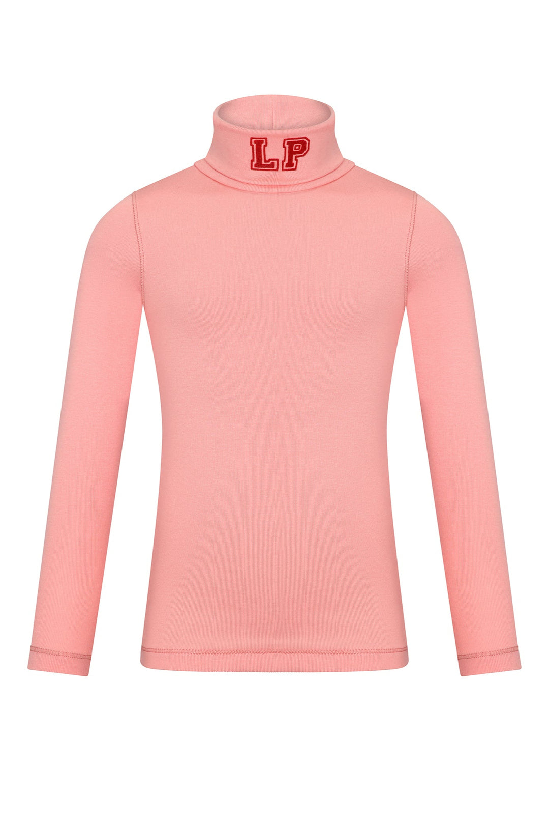 Pink turtleneck shirt with red logo on a white background