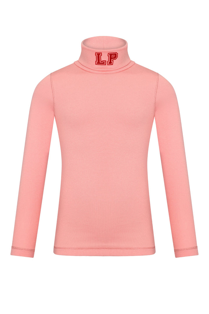 Pink turtleneck shirt with red logo on a white background