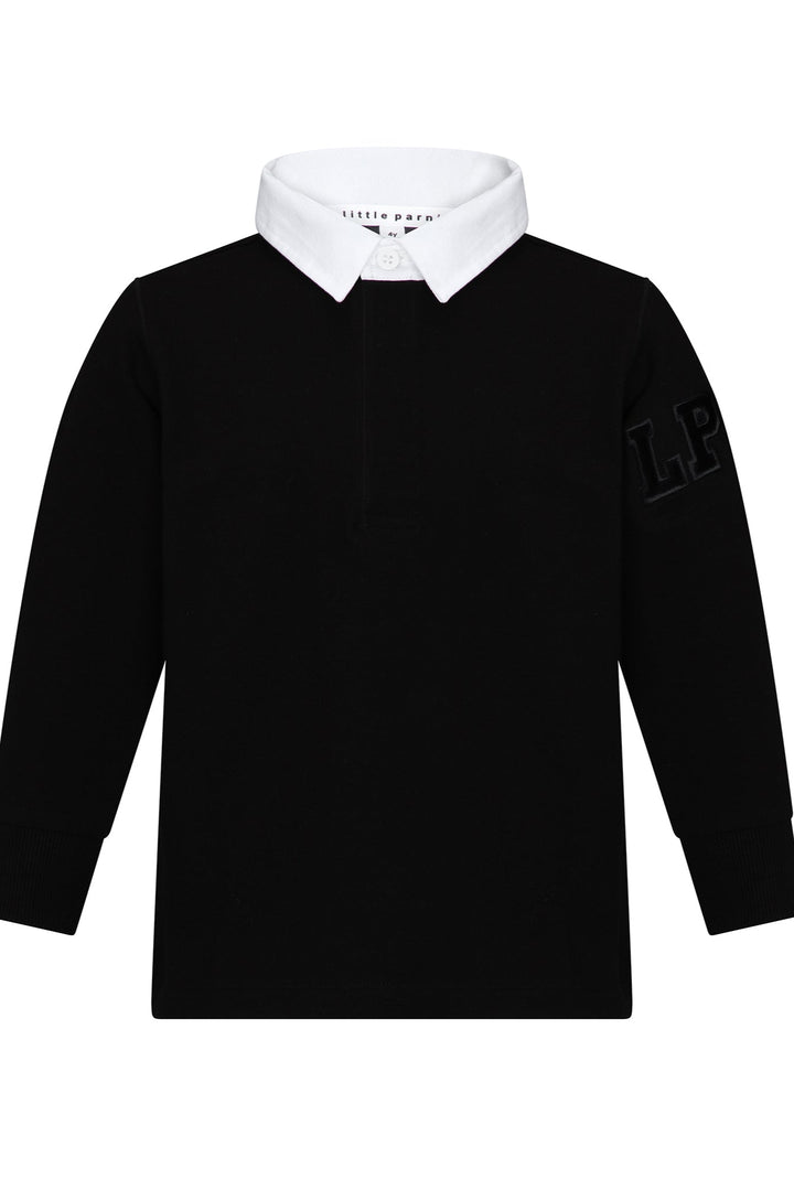 Black long-sleeve shirt with white collar on a white background