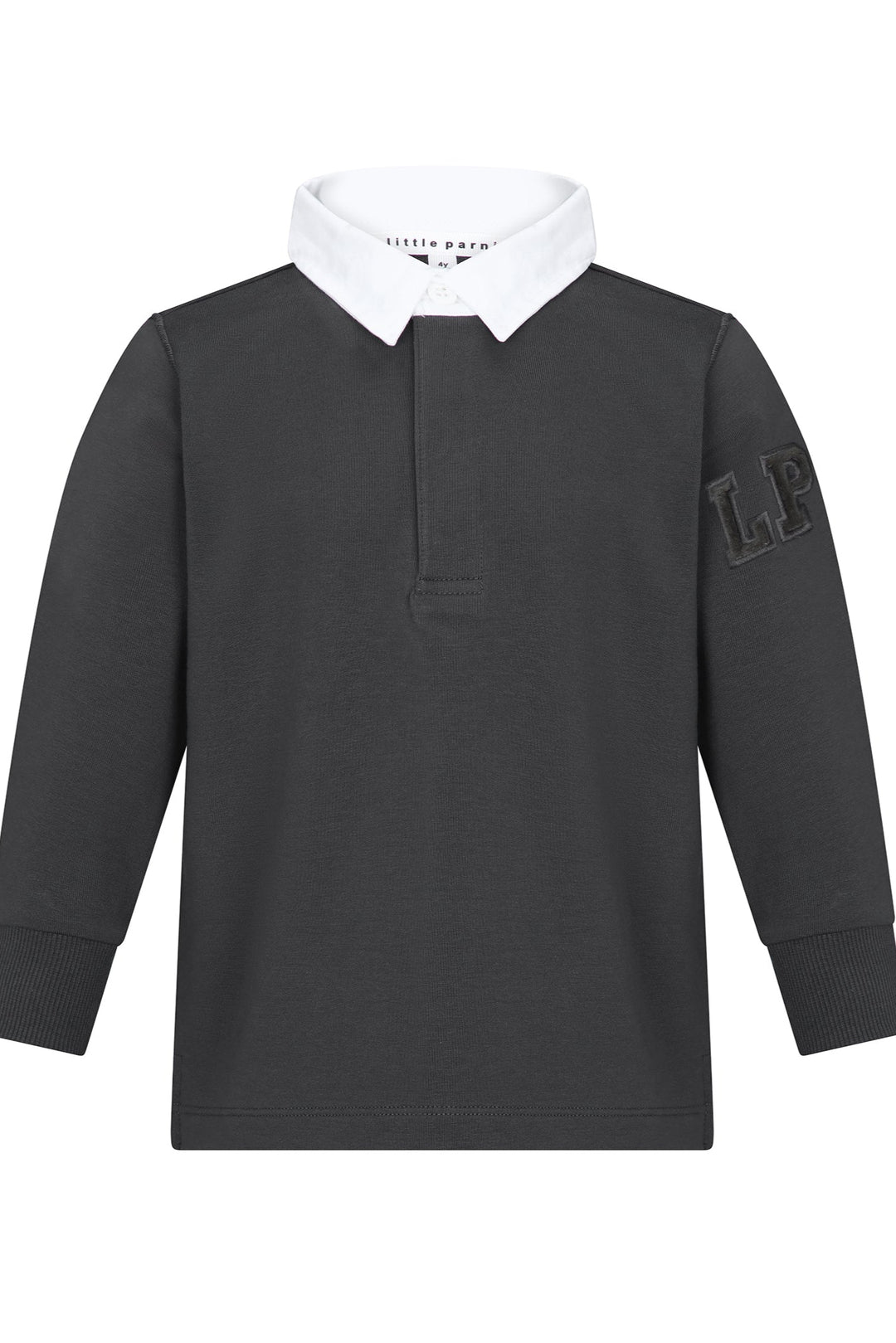 Black long-sleeve shirt with white collar and logo on sleeve against a white background