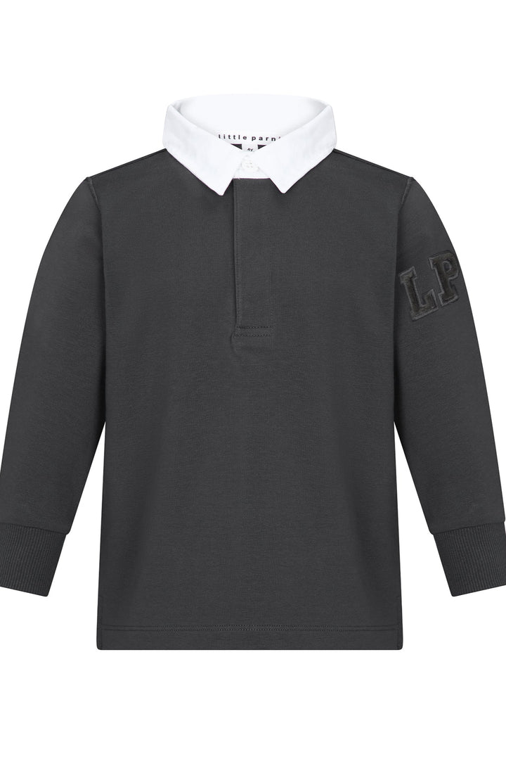 Black long-sleeve shirt with white collar and logo on sleeve against a white background