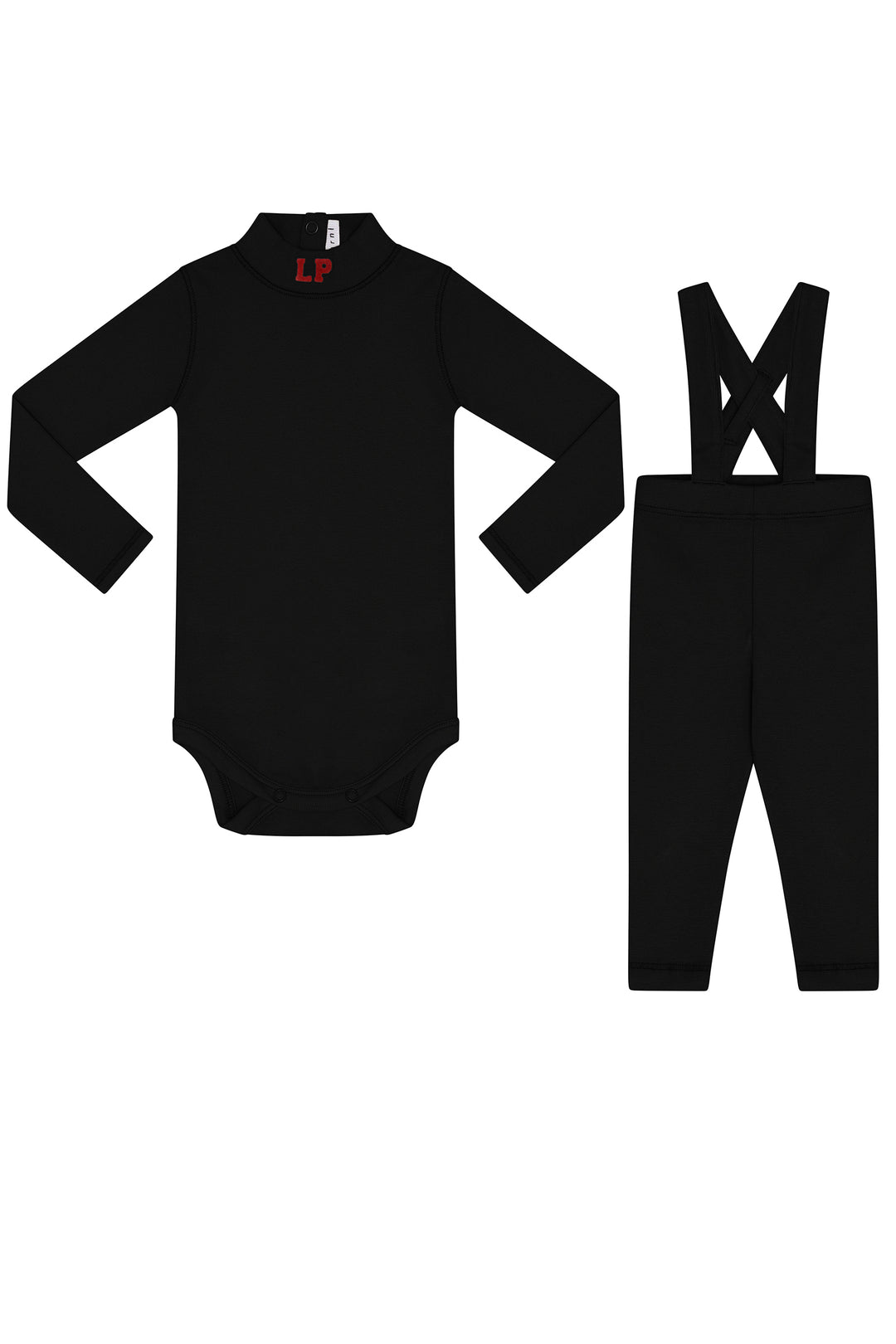 Black baby bodysuit and pants set on a white background
