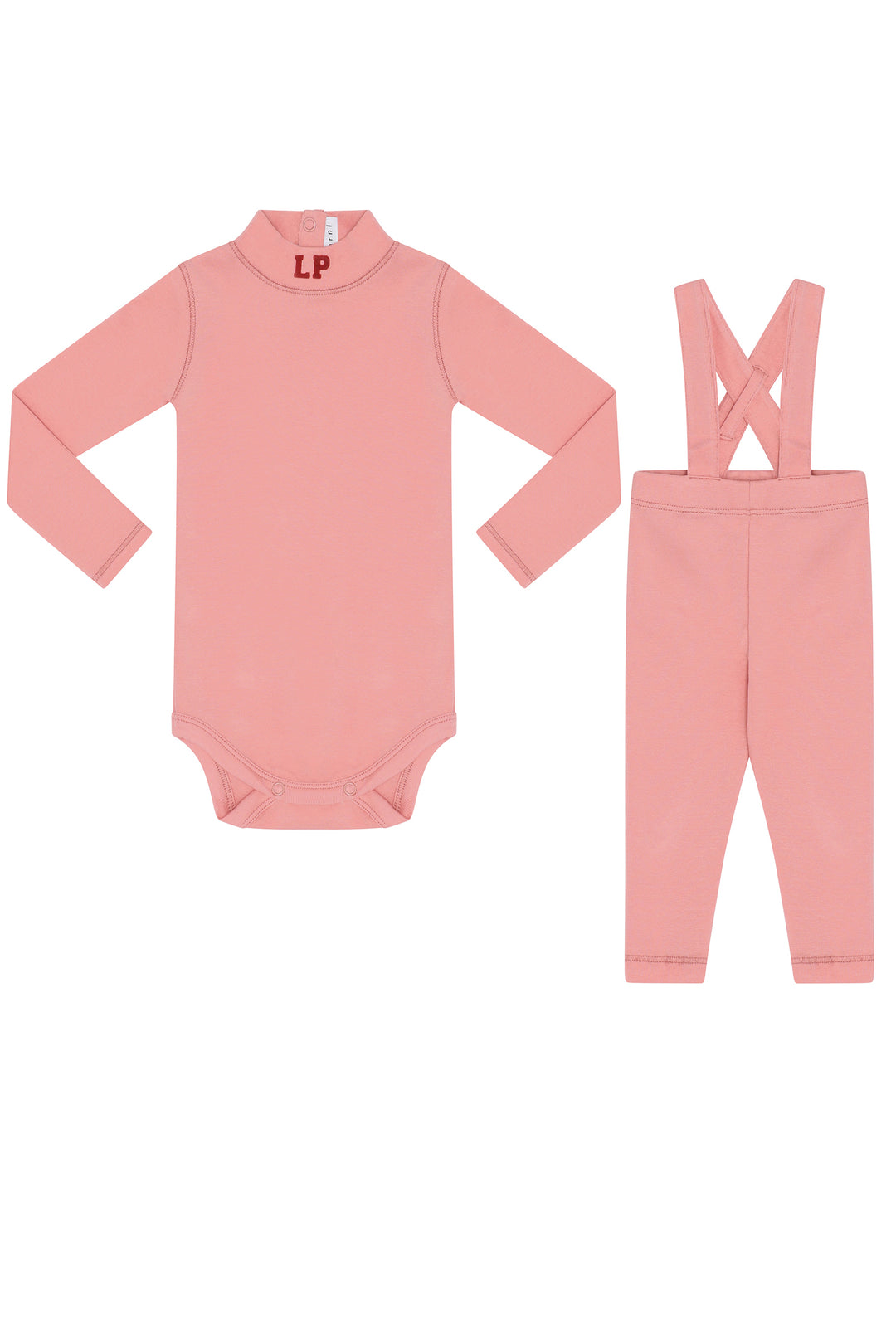 Pink baby bodysuit and pants set on a white background