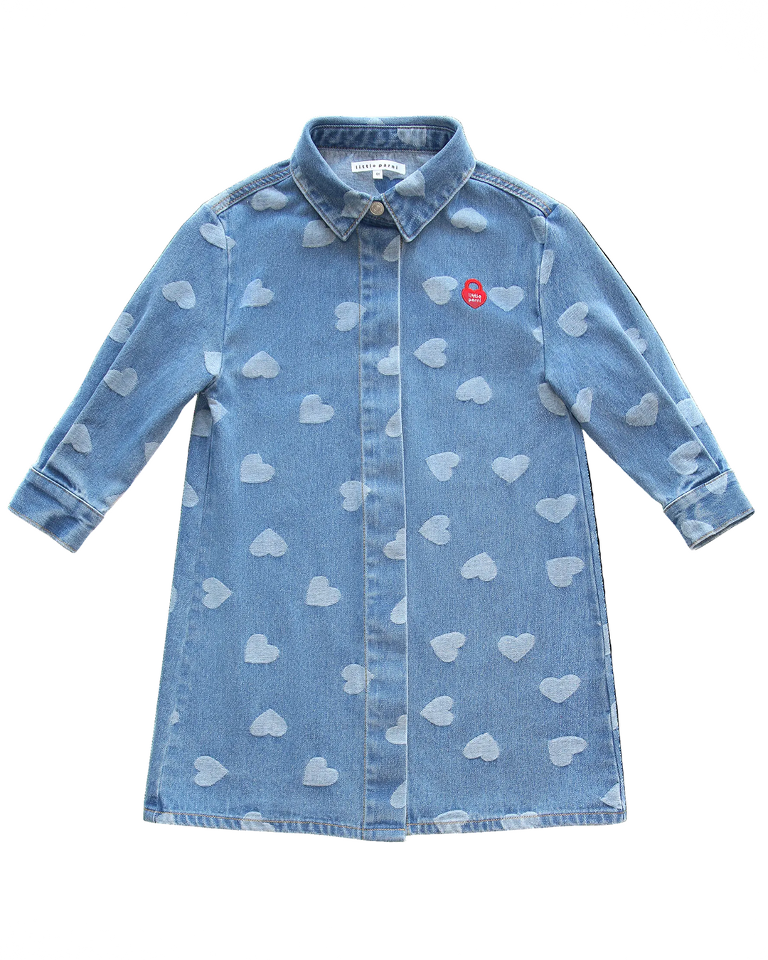 Blue denim shirt with heart patterns on a white background