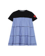 Dress with black top and blue striped skirt on a white background