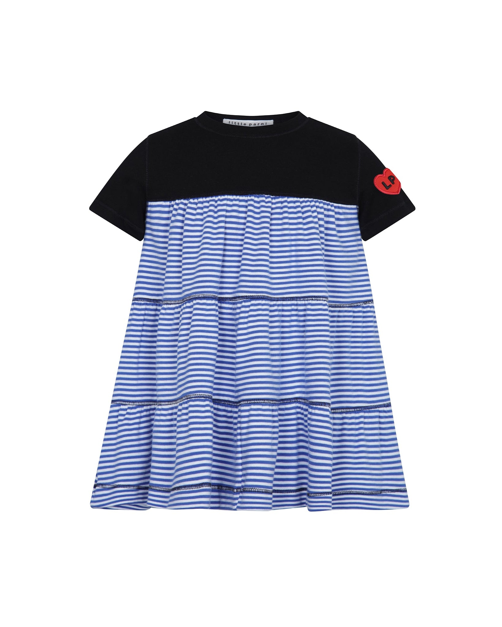 Dress with black top and blue striped skirt on a white background