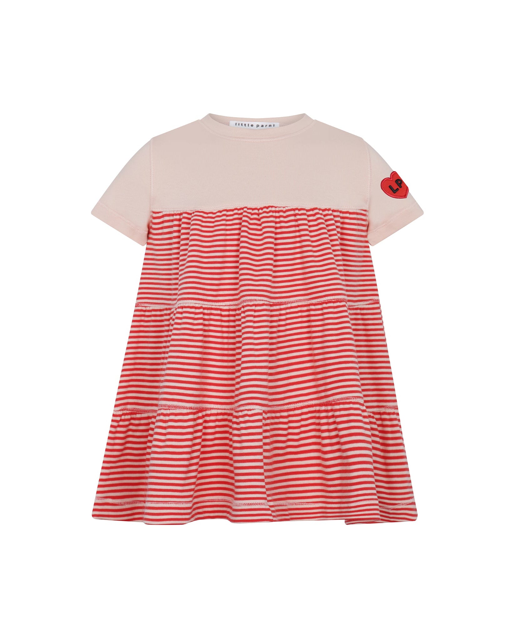 Red and white striped dress with a beige top on a white background