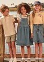 Three children standing by a lake, wearing matching denim skirts and striped shirts.