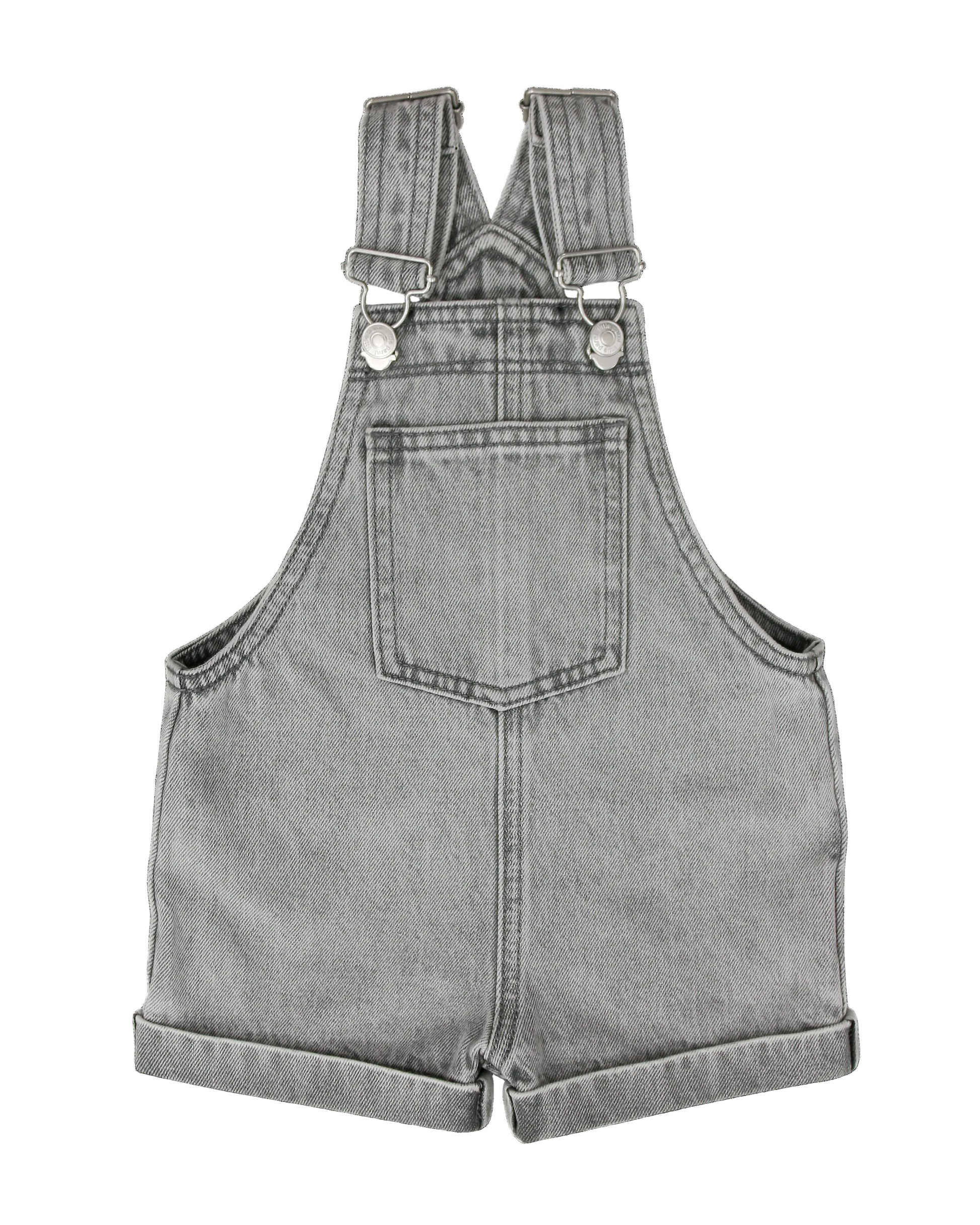 Gray denim overalls on a white background