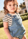 Child wearing a striped shirt and denim overalls sitting outdoors.