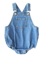 Blue denim baby romper with overalls on a white background