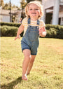 Child in denim overalls and yellow shirt standing on grass