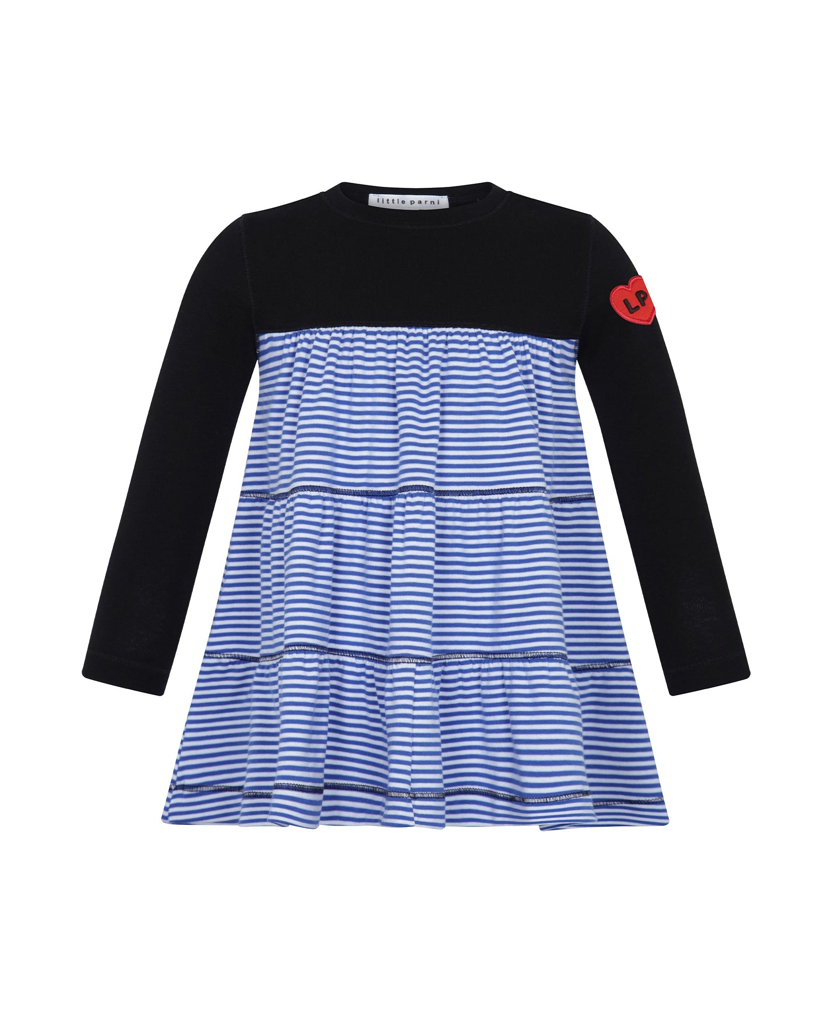 Dress with black long-sleeve top and blue striped skirt on a white background