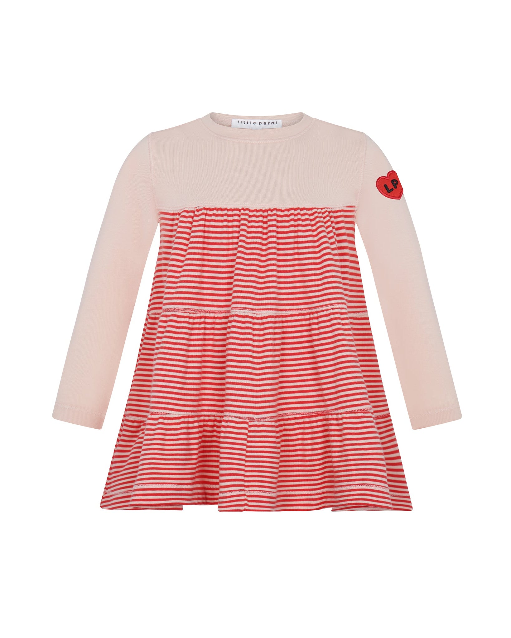 Pink dress with red and white striped skirt on a white background