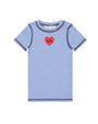 Blue and white striped t-shirt with a red heart logo on a white background