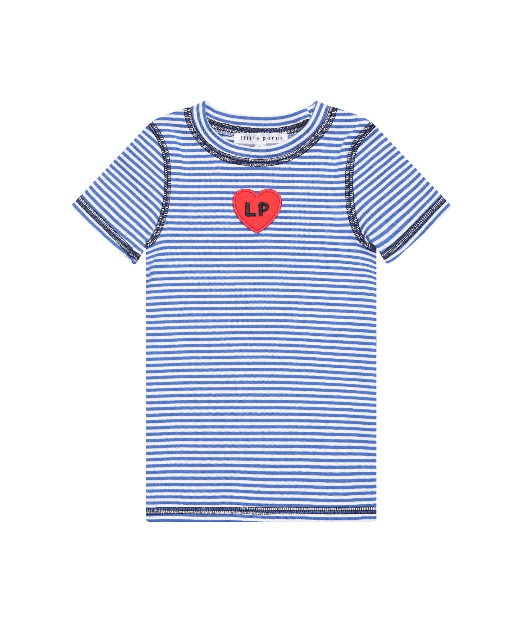 Blue and white striped t-shirt with a red heart logo on a white background