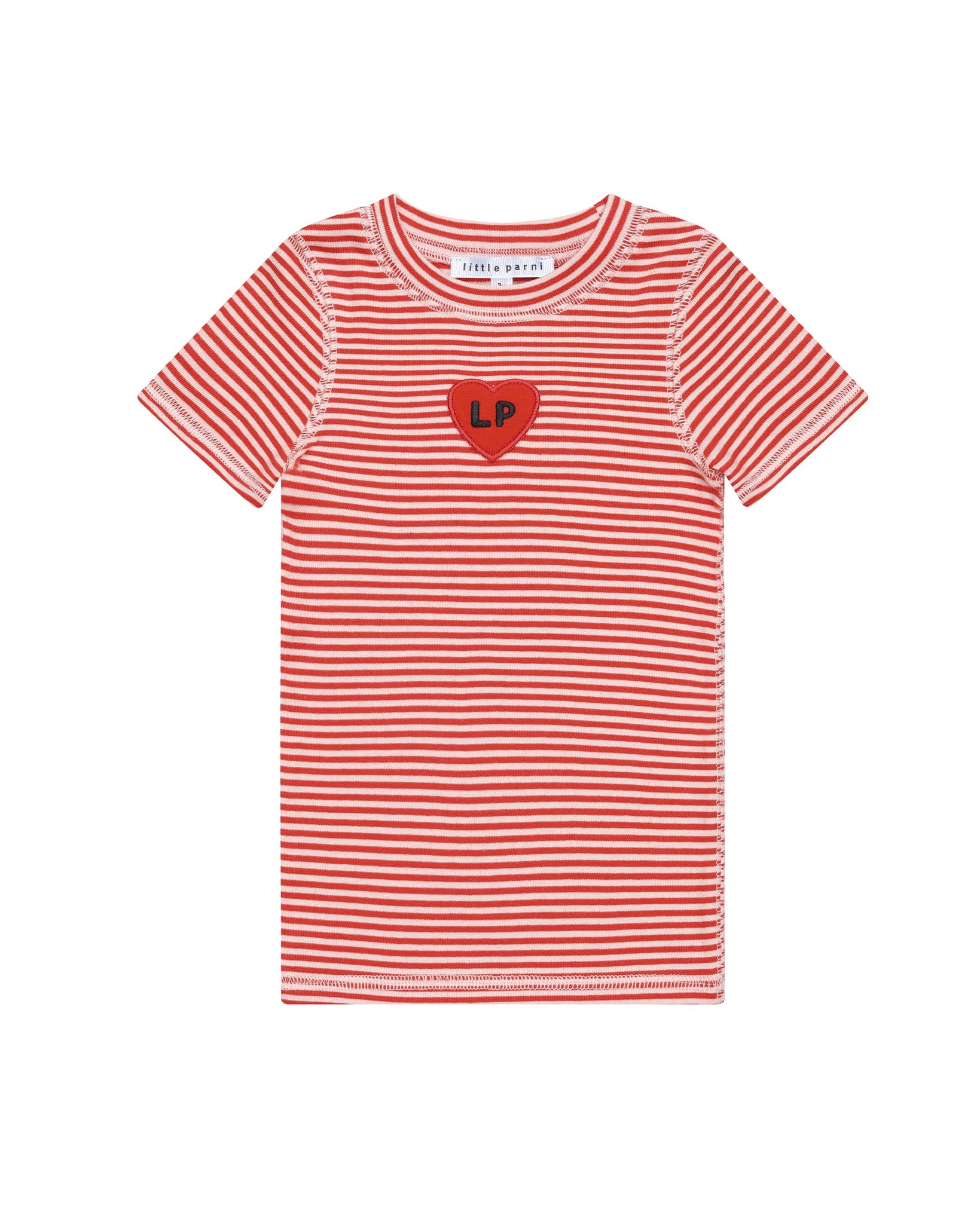Red and white striped t-shirt with a heart logo on a white background