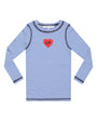Blue and white striped long-sleeve shirt with a red heart logo on a white background