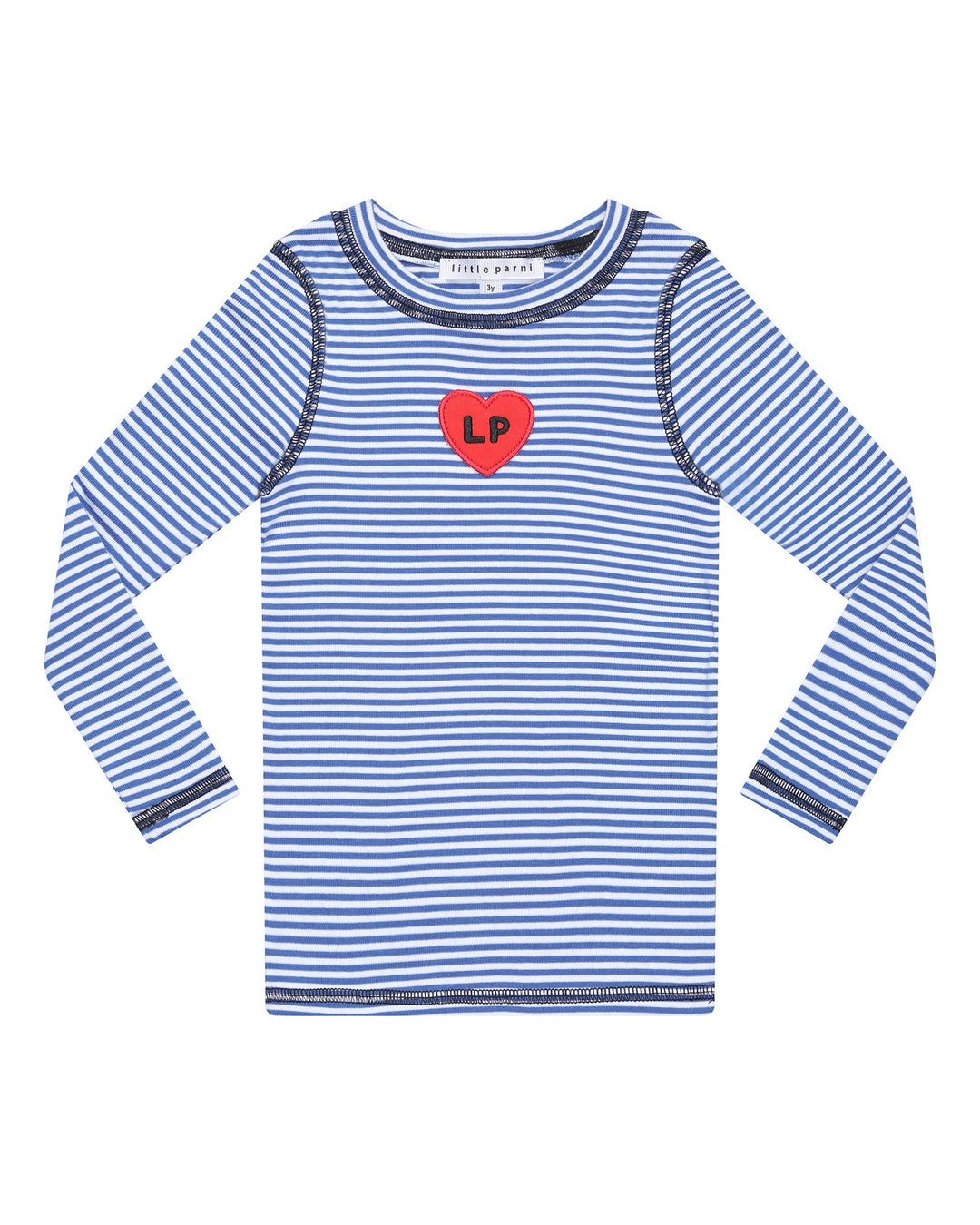 Blue and white striped long-sleeve shirt with a red heart logo on a white background