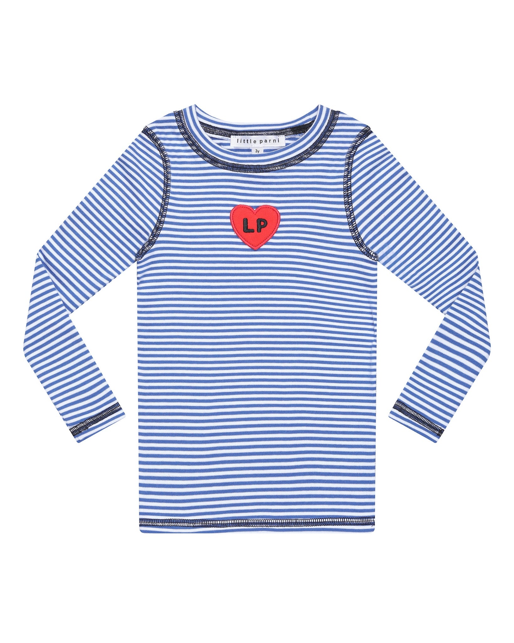 Blue and white striped long-sleeve shirt with a red heart logo on a white background