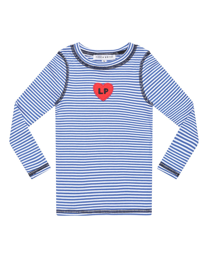 Blue and white striped long-sleeve shirt with a red heart logo on a white background
