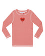 Red and white striped long-sleeve shirt with a heart logo on a white background
