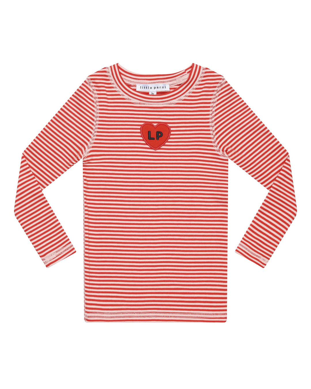 Red and white striped long-sleeve shirt with a heart logo on a white background