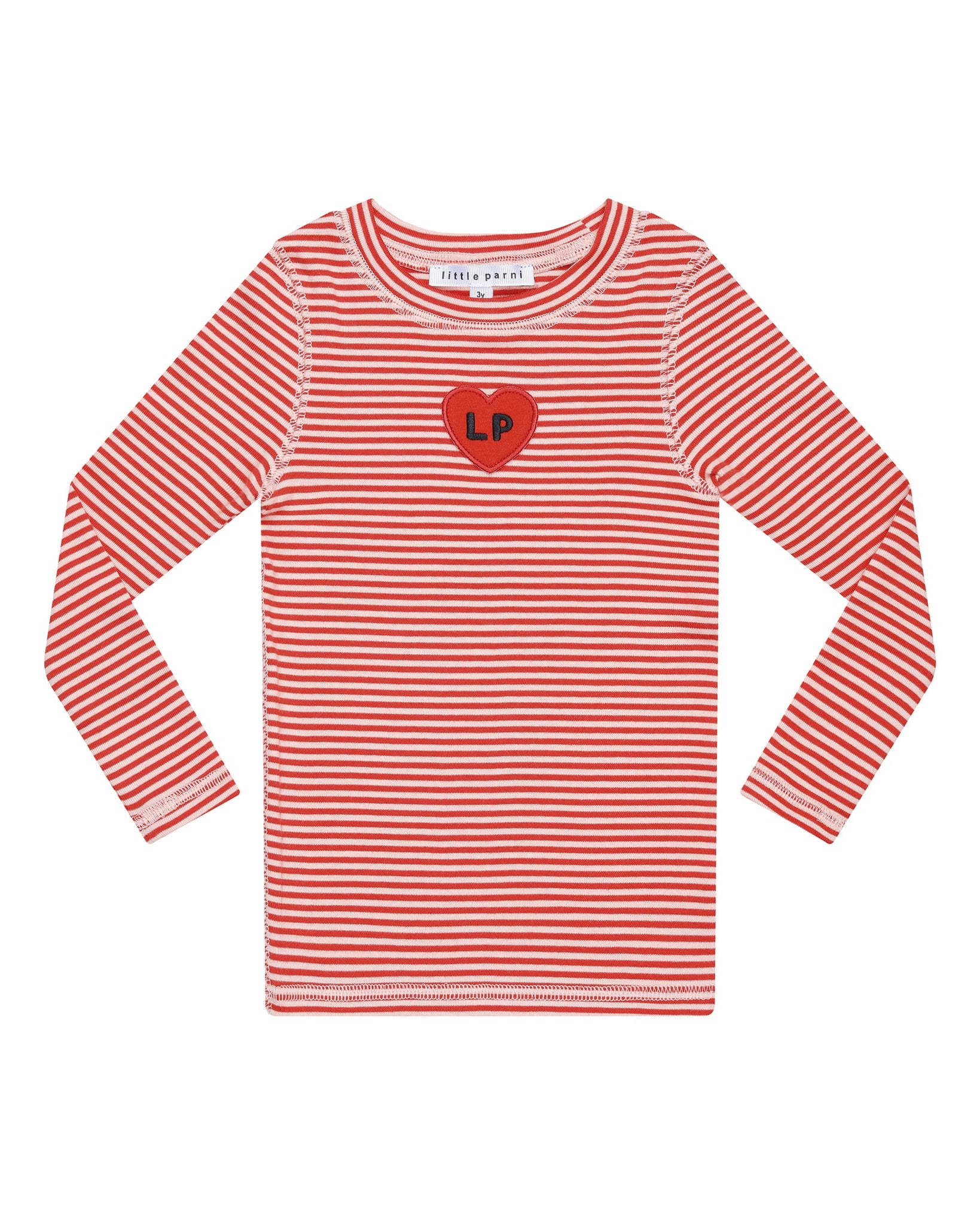 Red and white striped long-sleeve shirt with a heart logo on a white background