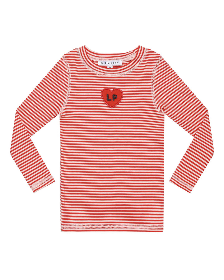 Red and white striped long-sleeve shirt with a heart logo on a white background