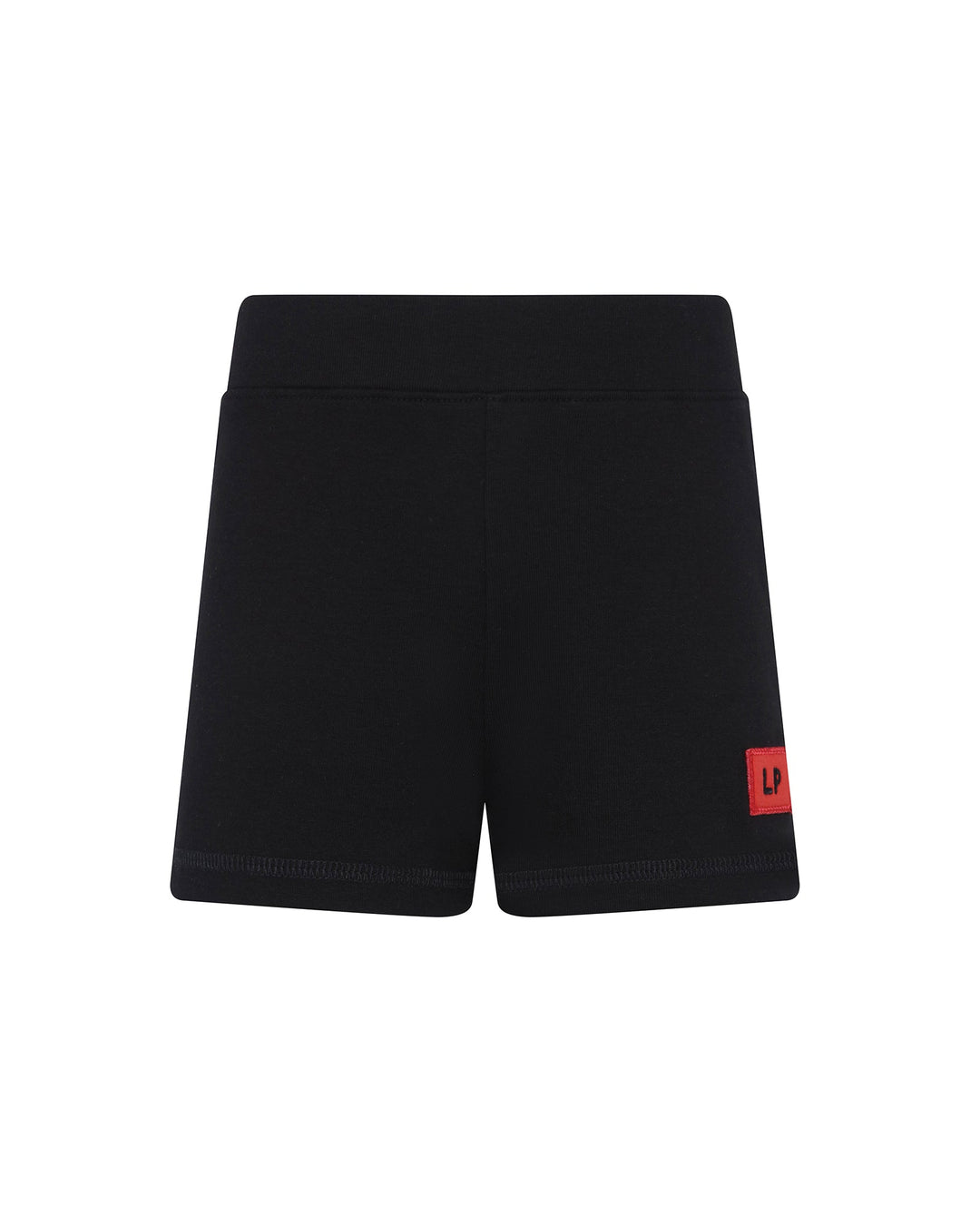 Black shorts with a red logo on a white background
