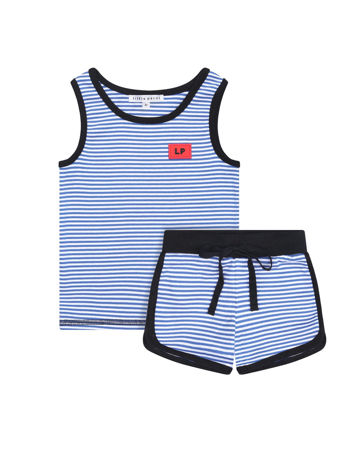 Blue and white striped tank top and shorts set on a white background