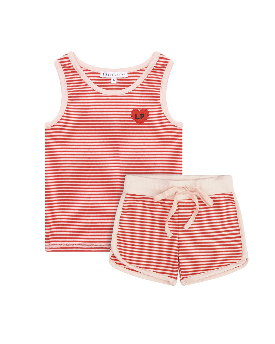 Red and white striped tank top and shorts set on a white background