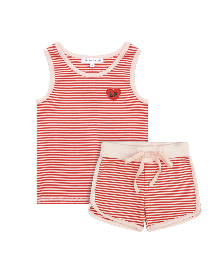 Red and white striped tank top and shorts set on a white background