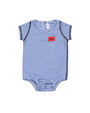 Blue and white striped baby romper with a red logo on a white background