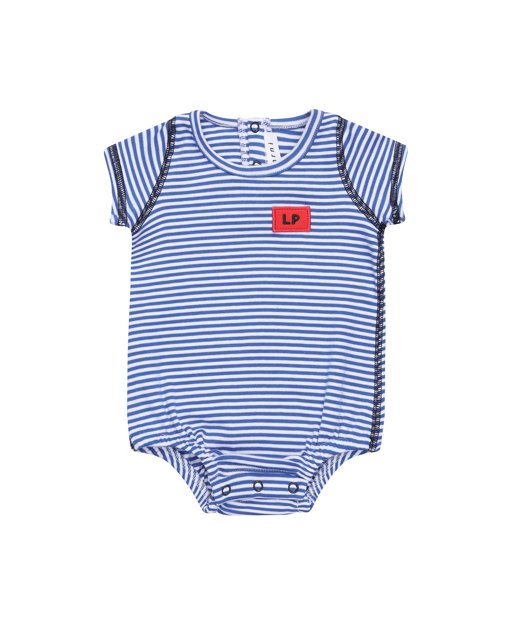 Blue and white striped baby romper with a red logo on a white background