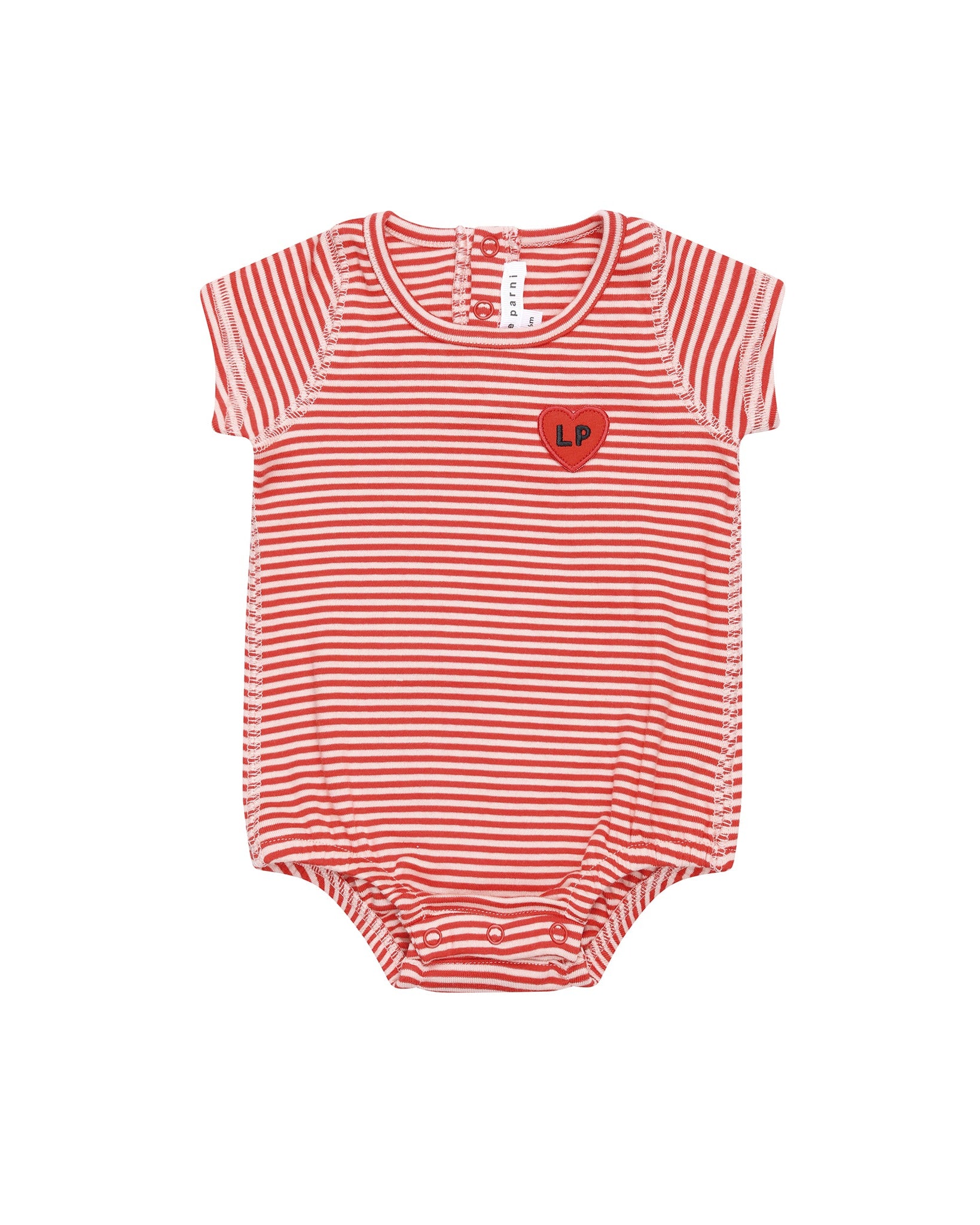Red and white striped baby romper with a heart design on a white background