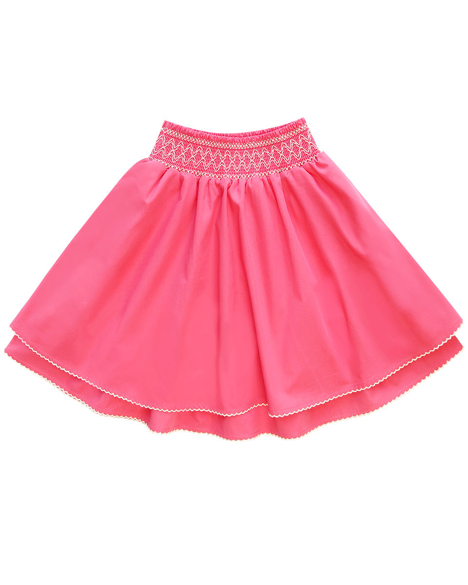 Pink skirt with lace waistband on a white background