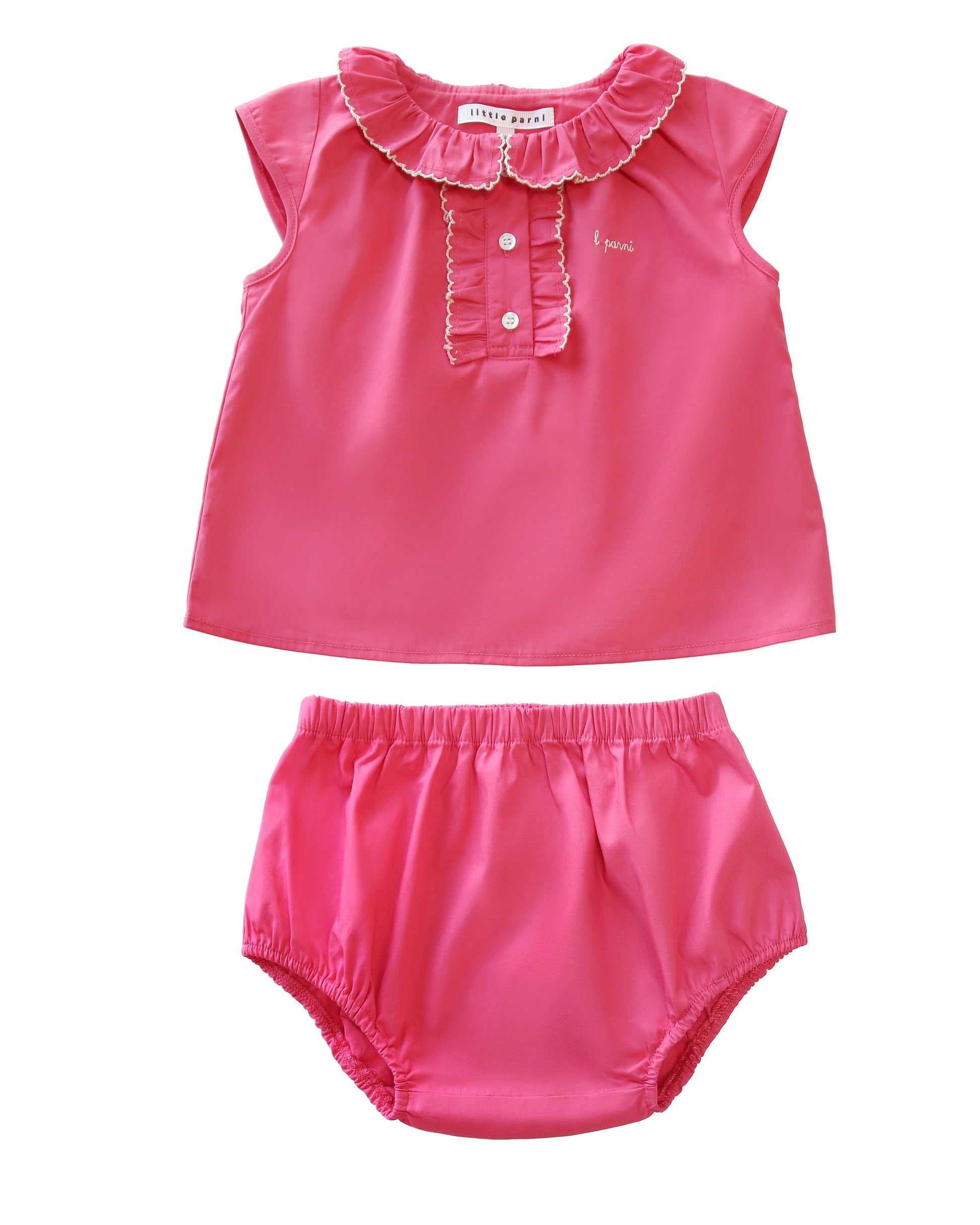 Pink baby top and bloomers set on a white background